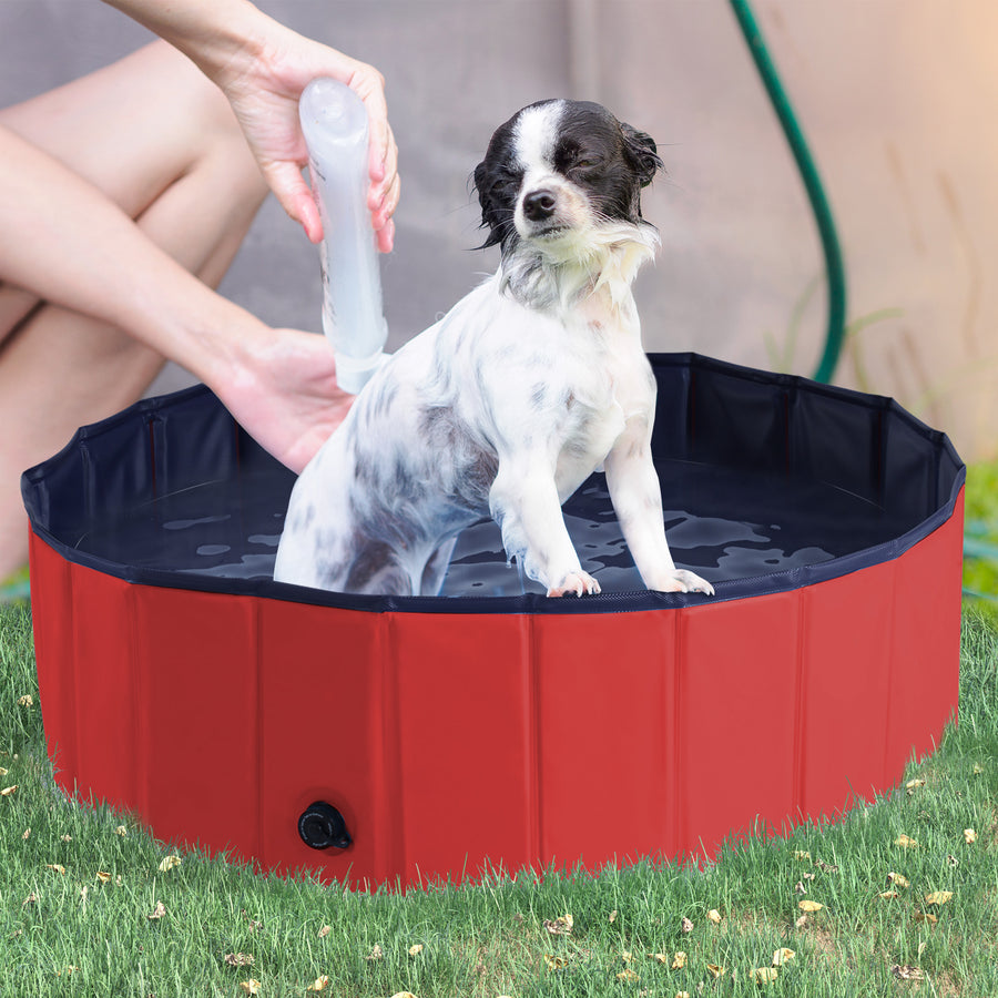 Dog Paddling Pool, Foldable Dog Pool, Leakproof & Hard Plastic, Portable Pet Bathtub with Non-Slip Base & Drainage Hole, for Indoors, Outdoors, Garden, Patio, 100 x 30 cm, Red