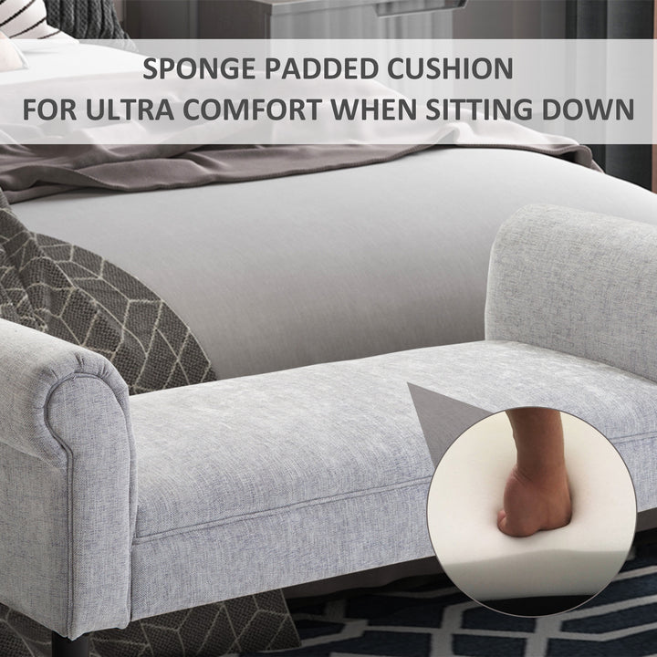 Bed End Bench, Window Seat, Linen Chaise Lounge Sofa with Arm and Wooden Legs for Bedroom, Living Room, Grey