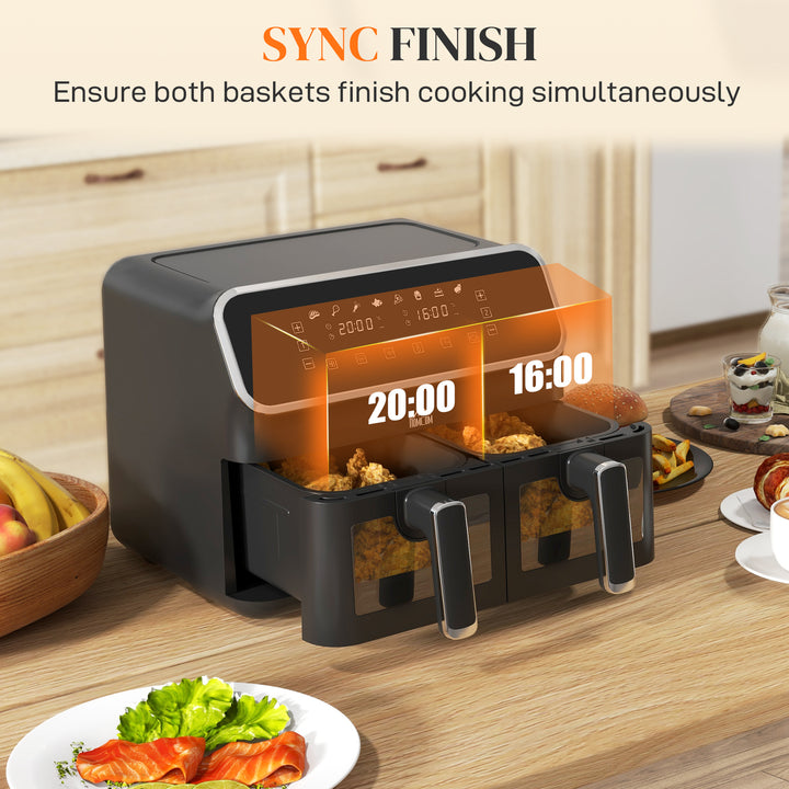 8L Dual Basket Air Fryer, 80-200℃, with Sync Function - Black/Silver