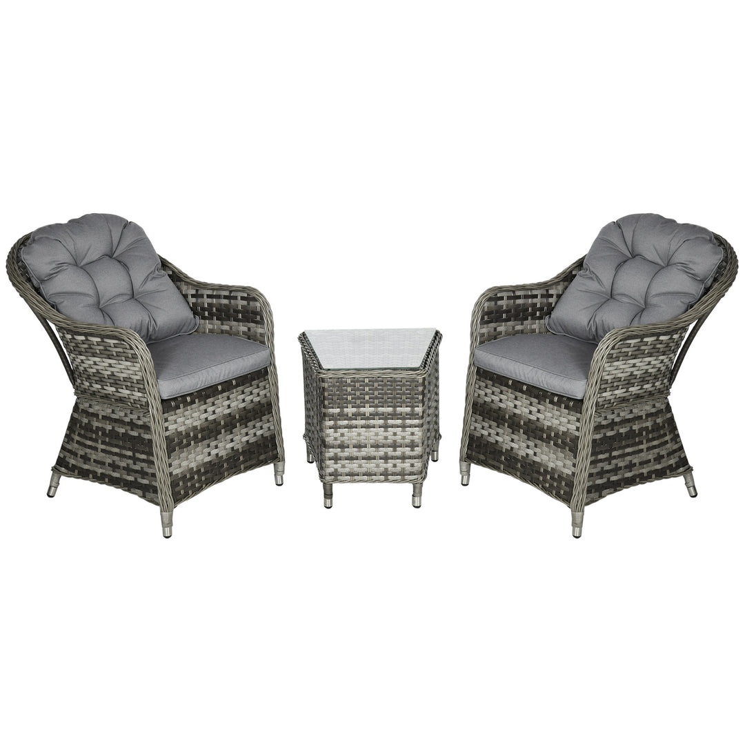 3 Pieces Rattan Bistro Set, Wicker Garden Bistro Set, Glass Top Balcony Table and Chairs with Cushions for Outdoor, Patio, Balcony, Grey
