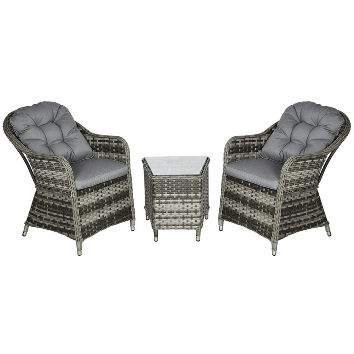 3 Pieces Rattan Bistro Set, Wicker Garden Bistro Set, Glass Top Balcony Table and Chairs with Cushions for Outdoor, Patio, Balcony, Grey