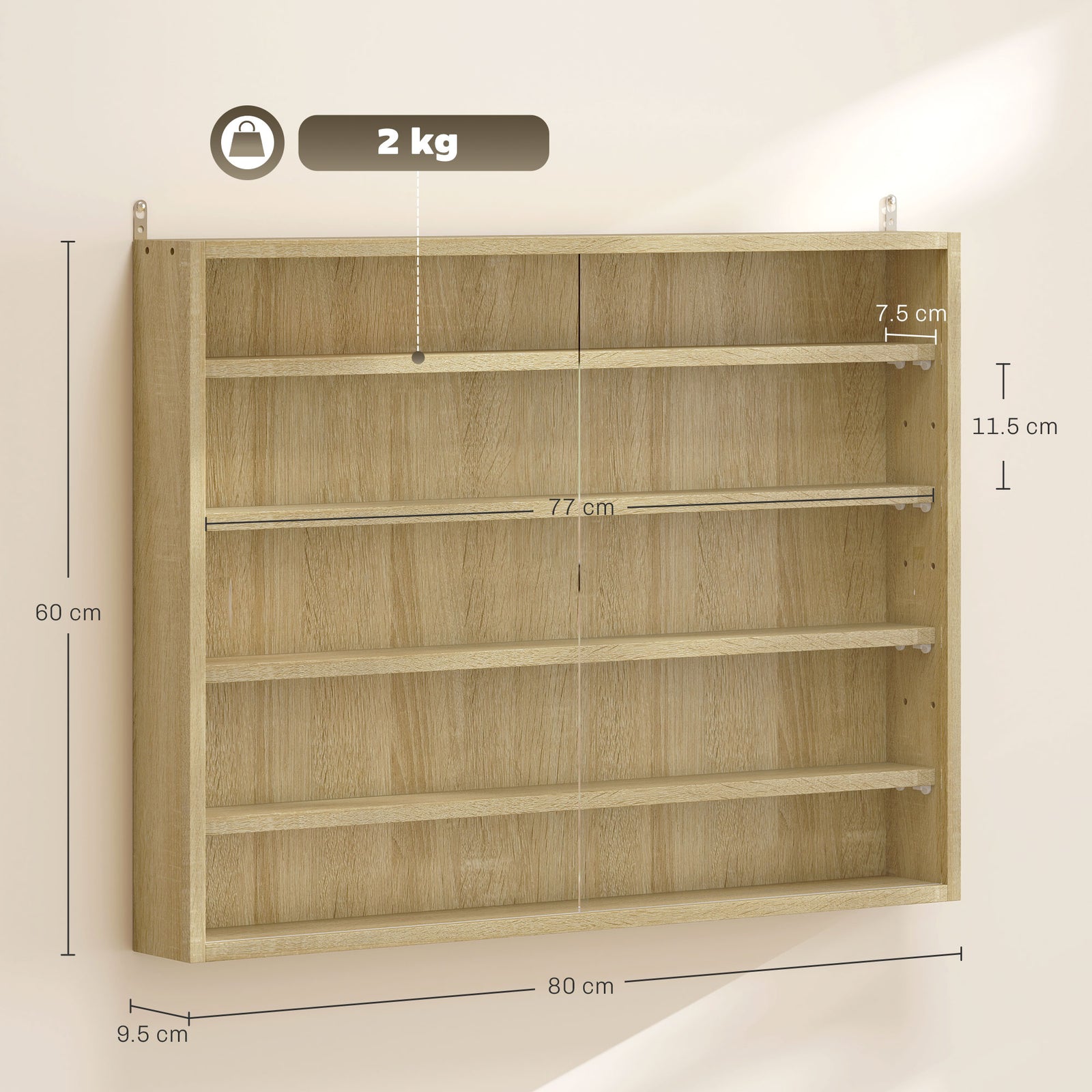 5-Tier Wall Display Shelf Unit Cabinet w/ 4 Adjustable Shelves Glass D
