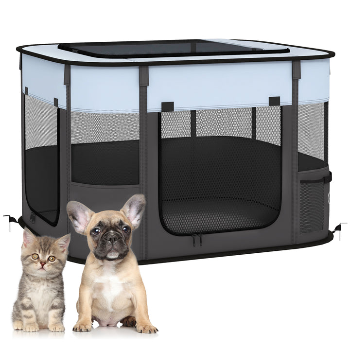 Foldable Dog Pen with Storage Bag for Indoor/Outdoor Use, Portable Pet playpen, with Ground Stakes - Grey