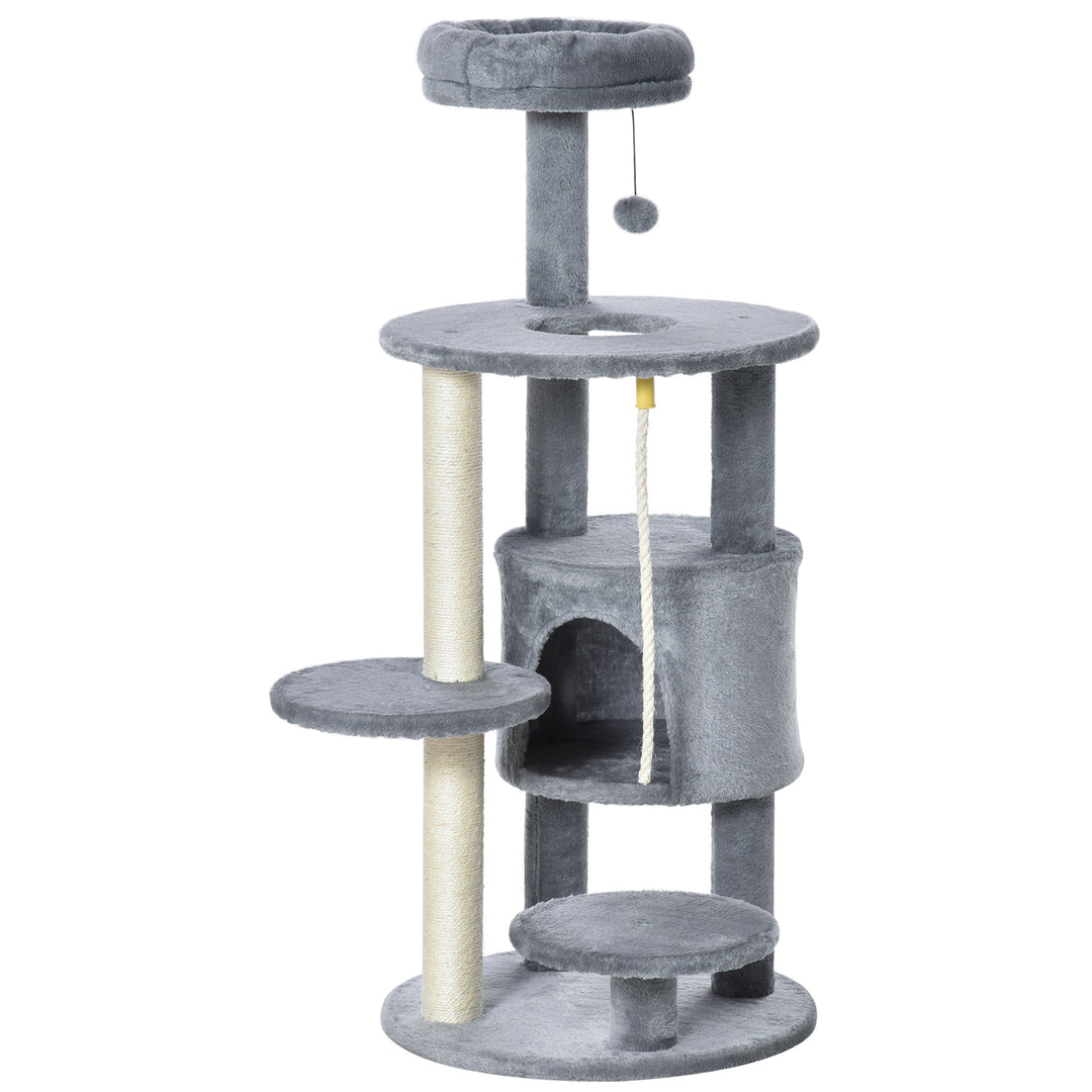 MCL Cat Tree Tower for Indoor Cats 112cm Climbing Kitten Activity Center with Jute Scratching Post Perch Hanging Ball Toy Teasing Rope Dark grey