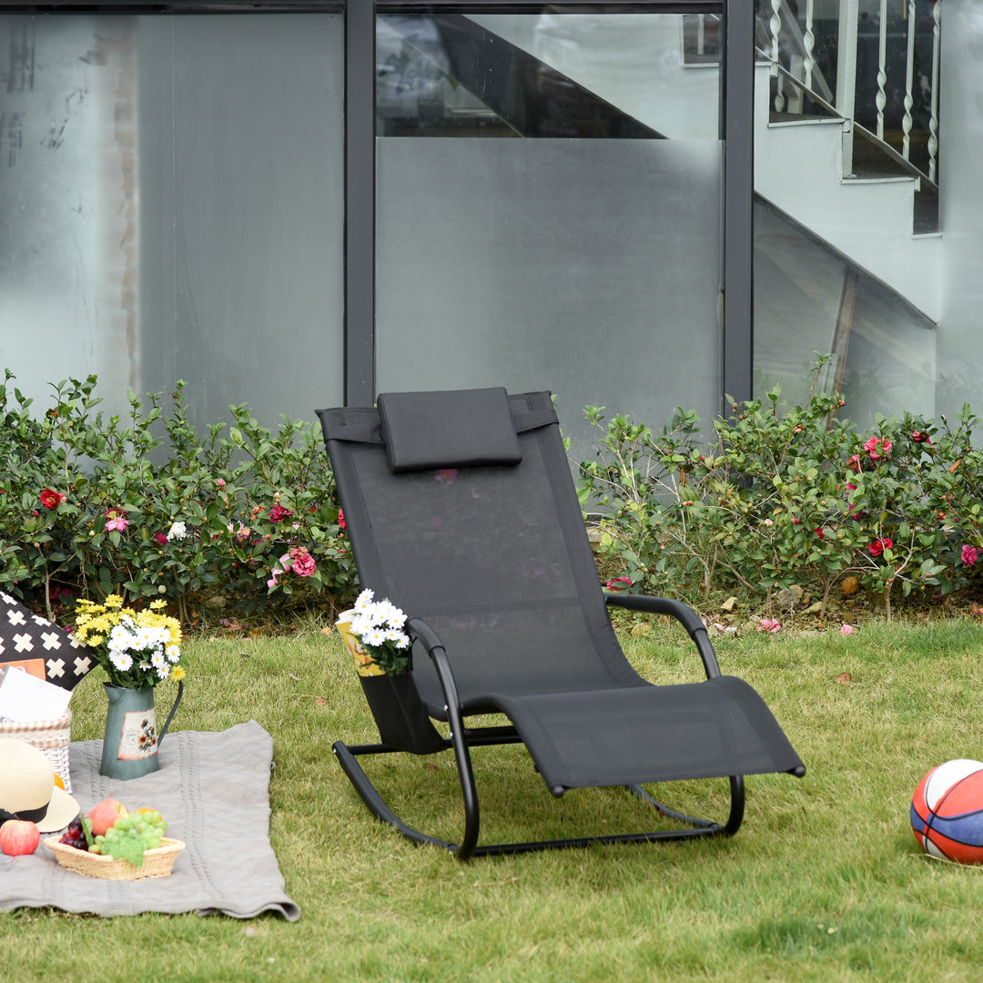 Outdoor Garden Rocking Chair, Patio Sun Lounger Rocker Chair with Breathable Mesh Fabric, Removable Headrest Pillow, Armrest, Side Storage Bag, Black