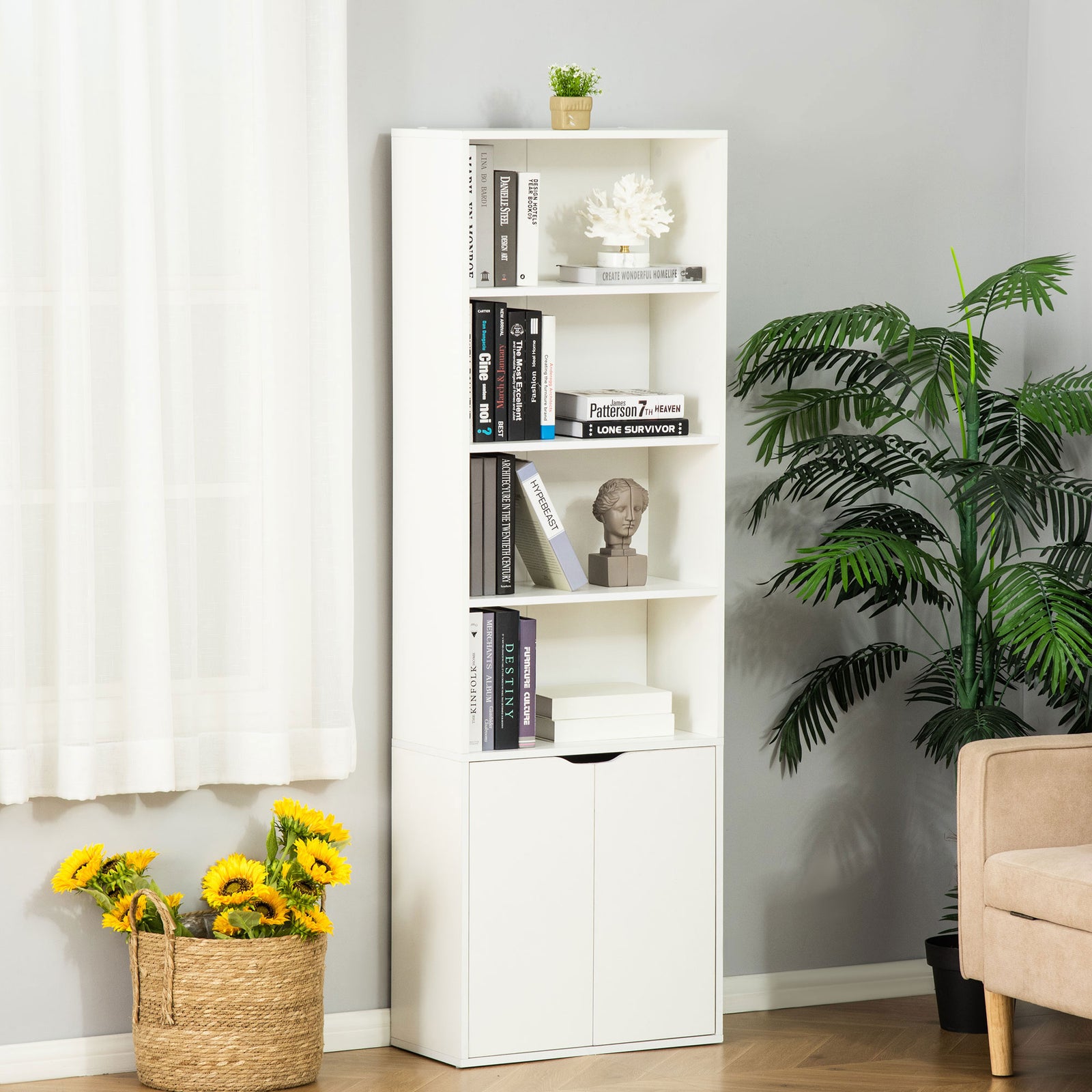 6-Tier Tall Bookcase, Bookshelf with 4 Open Shelves and Double Door Storage Cabinet, Freestanding Display Rack for Living Room, Bedroom, Home Office, Study, 59 x 29 x 180cm, White
