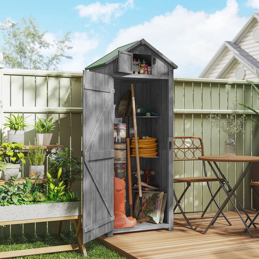 Wooden Garden Shed, Utility Outdoor Small Shed with Lockable Double Doors, Shelves and Roof Hatch, Grey