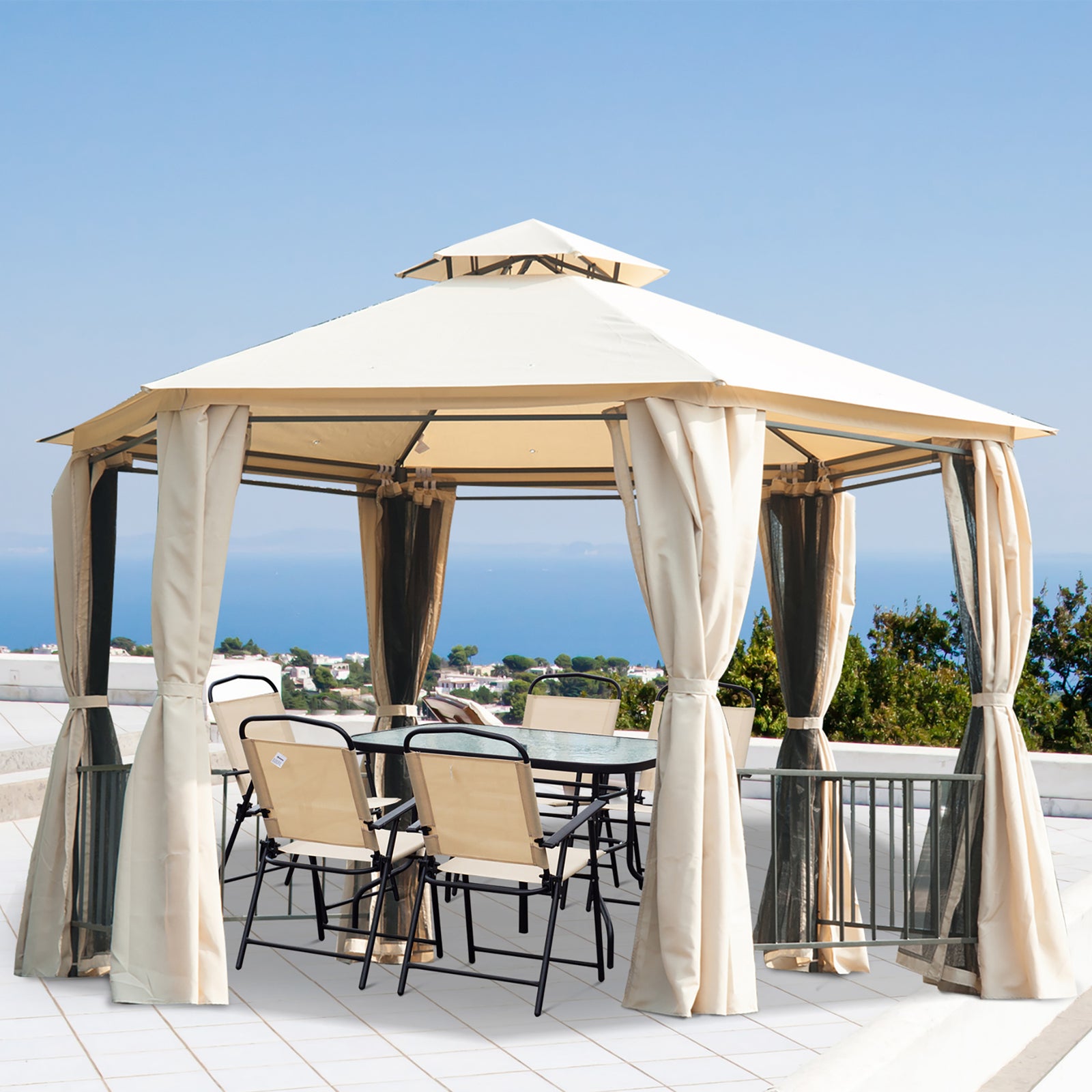 3 x 3 Hexagon Gazebo Patio Canopy Party Tent Outdoor Garden Shelter with 2 Tier Roof and Side Panel, Beige