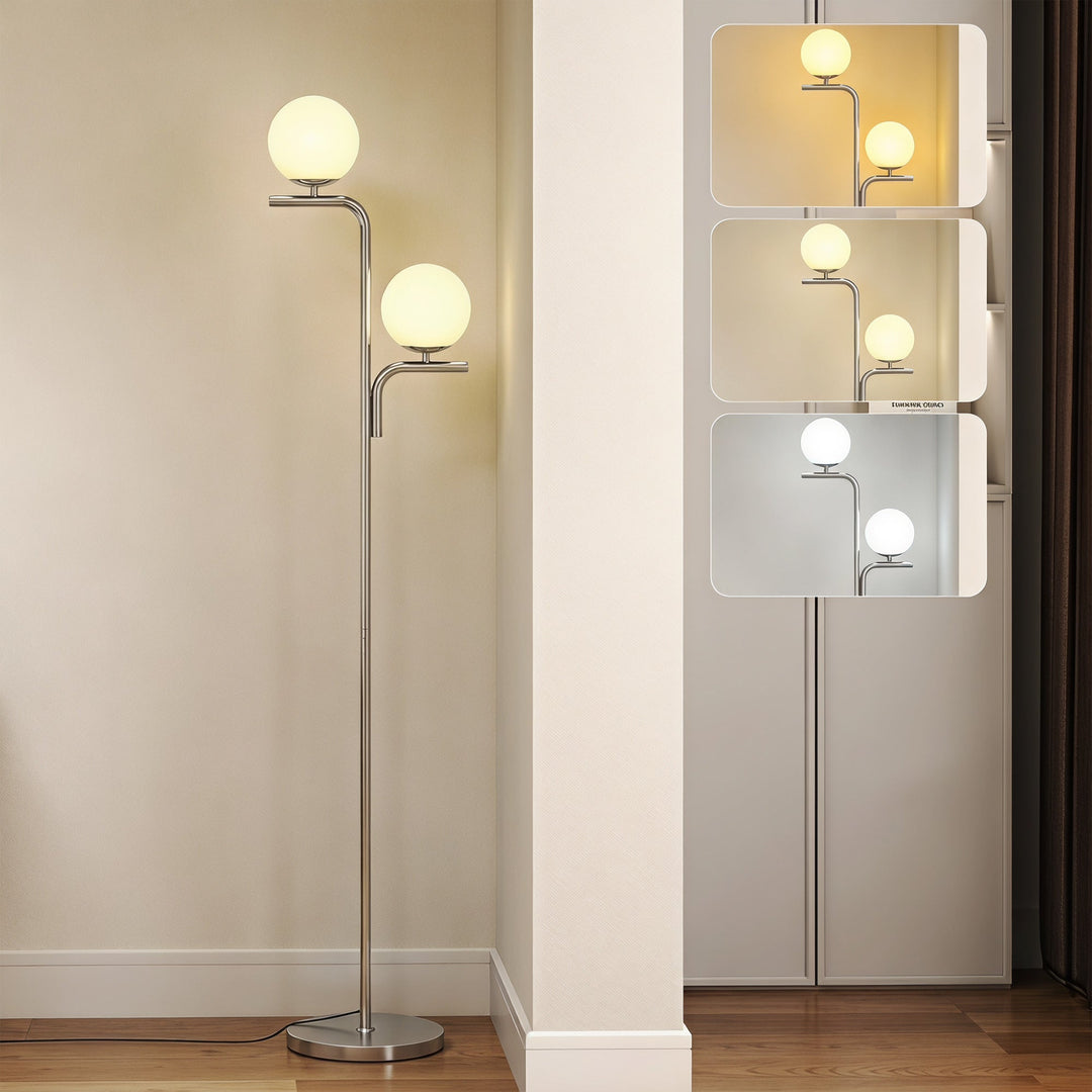 LED Floor Lamp, Modern Standing Lamp with 3 Colour Temperatures, Globe Glass Shades and Foot Switch, Tone