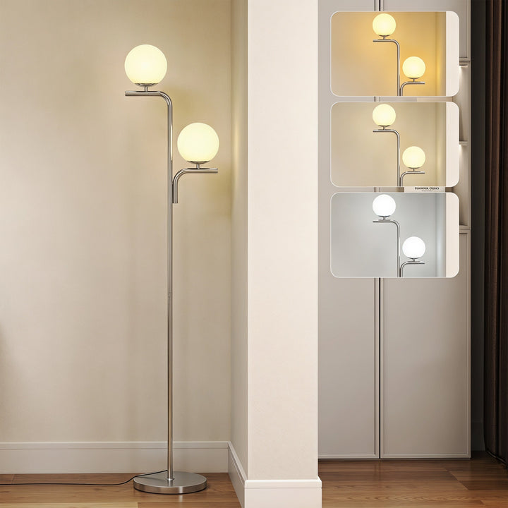 LED Floor Lamp, Modern Standing Lamp with 3 Colour Temperatures, Globe Glass Shades and Foot Switch, Tone