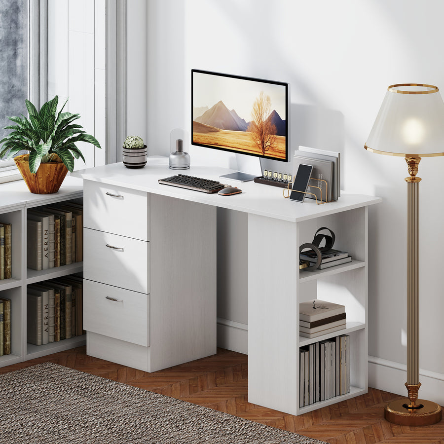 Computer Desk, Writing Table, PC Workstation with 3 Storage Shelves and Drawers, Silver Handle, for Home Office, White