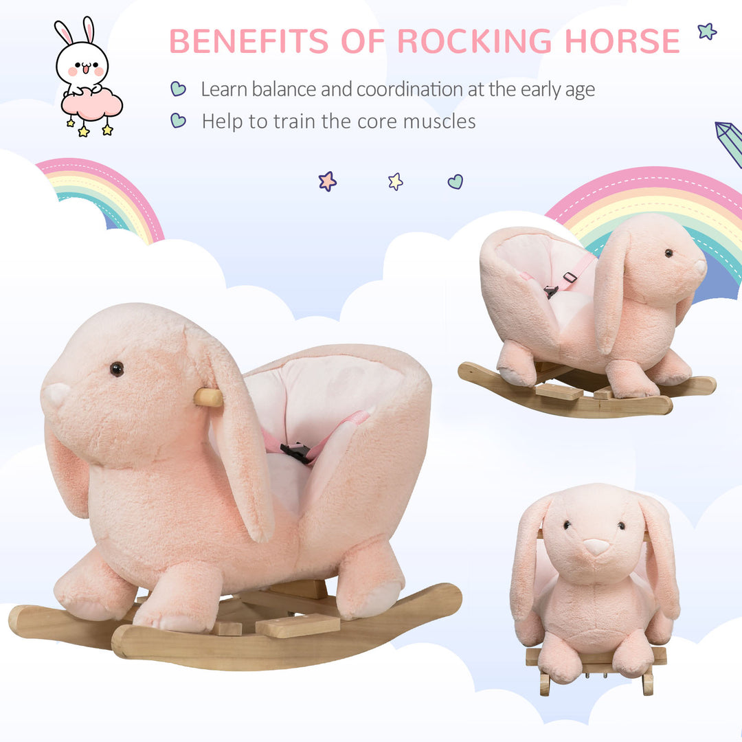 MCL Kids Rocking Rabbit, Plush Rocking Horse Ride-On w/ Sound, Wood Base, Seatbelt, for Ages 18-36 Months, Pink