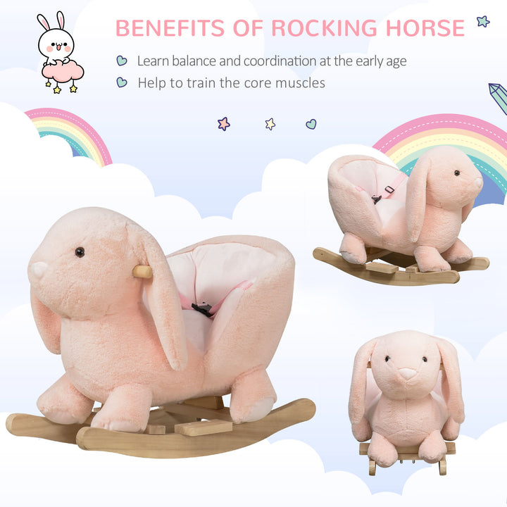 MCL Kids Rocking Rabbit, Plush Rocking Horse Ride-On w/ Sound, Wood Base, Seatbelt, for Ages 18-36 Months, Pink