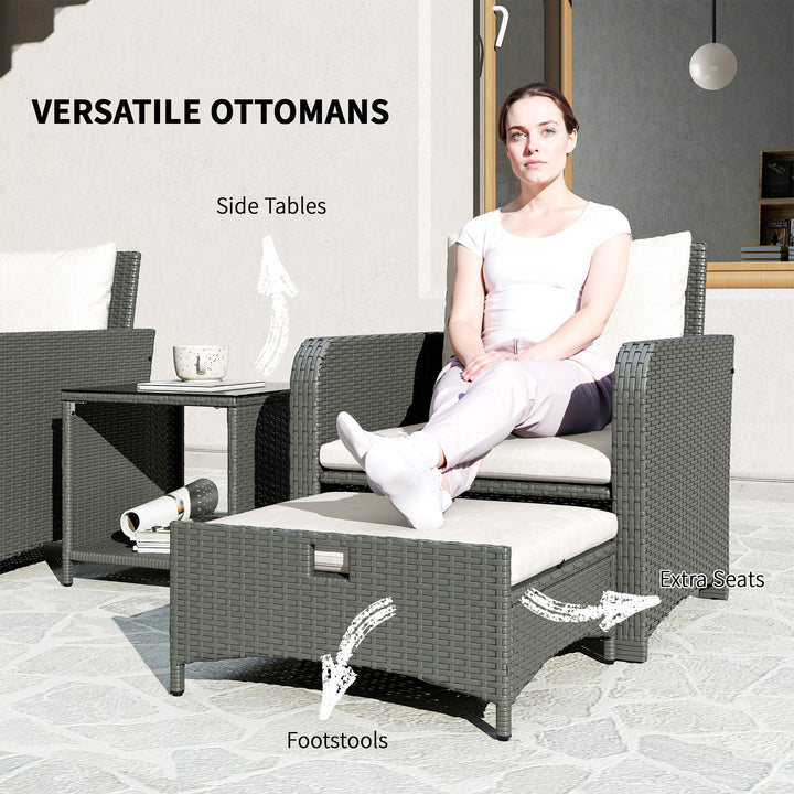 Five Piece Rattan Garden Furniture Set with 2-Tier Coffee Table and Ottomans - Cream White