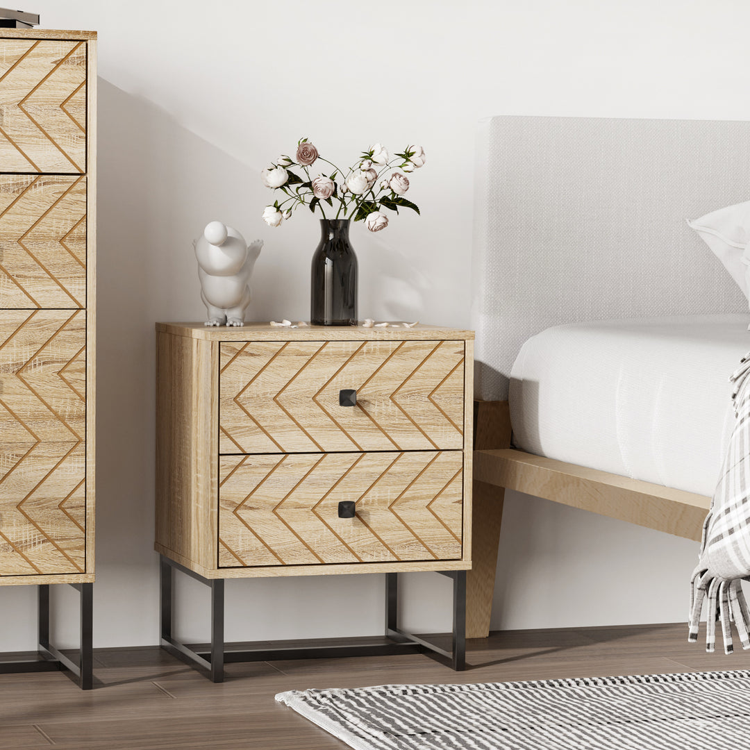 HOMCOM Unique Bedside Cabinet, Two-Drawer Nightstand, Zig Zag Design, Black Metal Handles, Melamine Finish