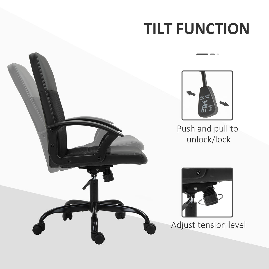 Mesh Office Chair, Faux Leather Desk Chair with Swivel Wheels, Adjustable Height and Tilt Function, Black