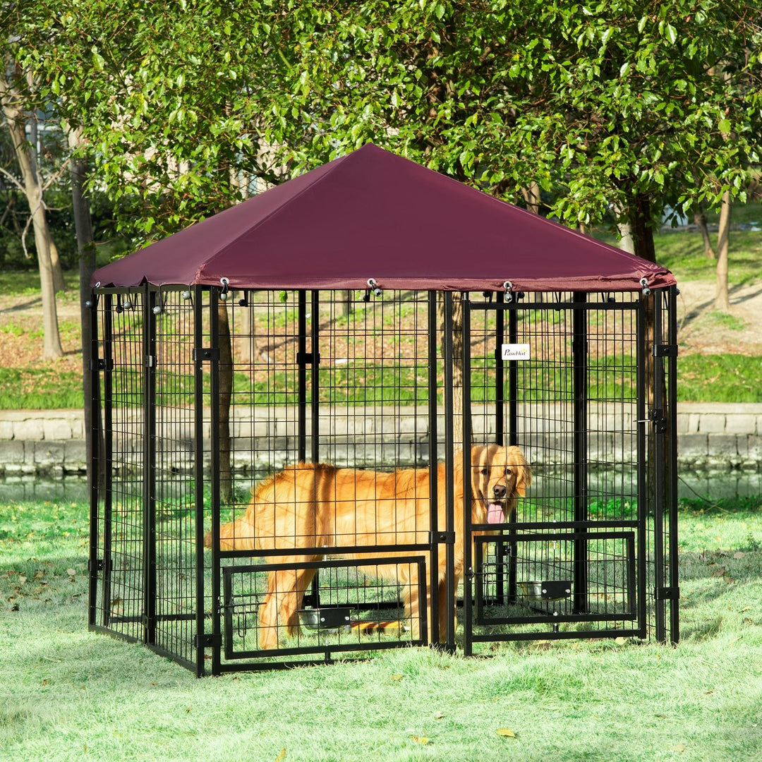 MCL Outdoor Dog Kennel with Rotating Bowl Holders, Water and UV-Resistant Cover, for Medium, Small Dogs, Red