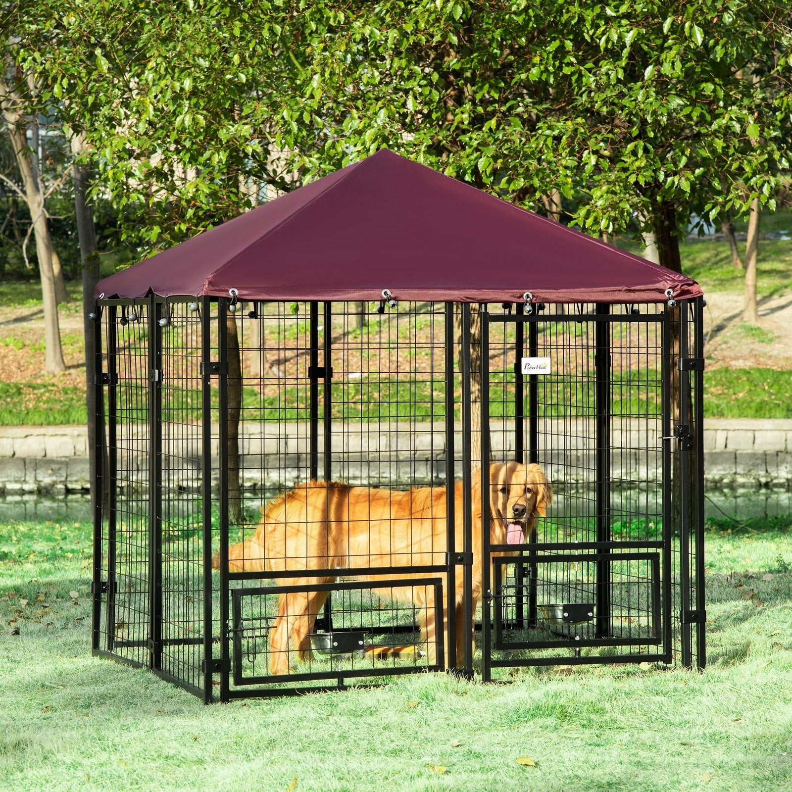 Outdoor Dog Kennel with Rotating Bowl Holders, Water and UV-Resistant Cover, for Medium, Small Dogs, Red