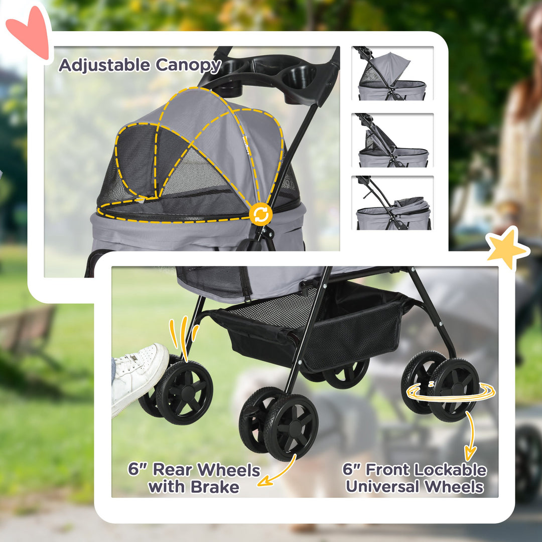 Dog Pram Dog Stroller Foldable Pet Pushchair with 4 Wheels, Safety Leashes, Cup Holder for Small Dogs, Grey