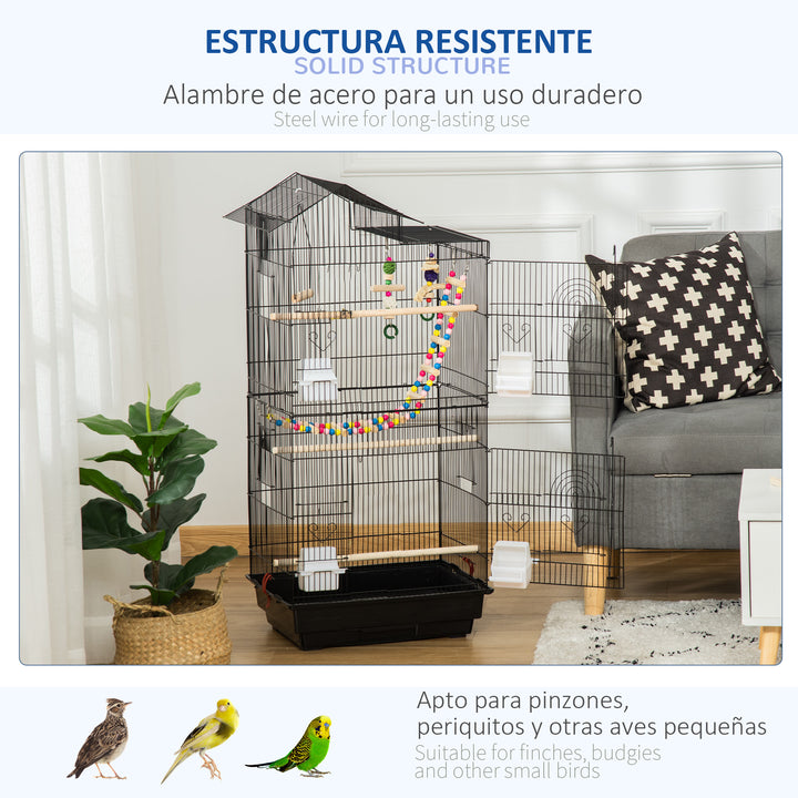 PawHut Bird Cage with Accessories, Suitable for Budgies, Finches, Canaries, Includes Toys, Tray, Handle, 46 x 36 x 100 cm, Black | Aosom UK