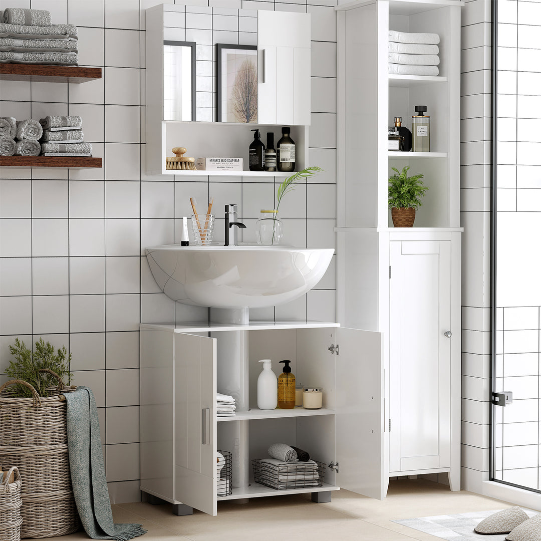 Bathroom Mirror Cabinet, Wall Mounted Storage Cupboard Organizer with Double Doors and Adjustable Shelf, White