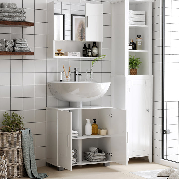 Bathroom Mirror Cabinet, Wall Mounted Storage Cupboard Organizer with Double Doors and Adjustable Shelf, White