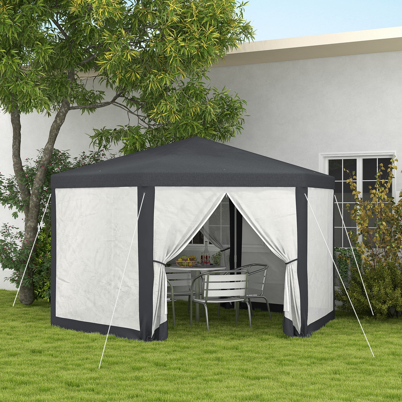 4M Hexagon Gazebo, Netting Party Tent, Patio Canopy Outdoor Event Shelter for Activities, Shade Resistant, Dark Grey