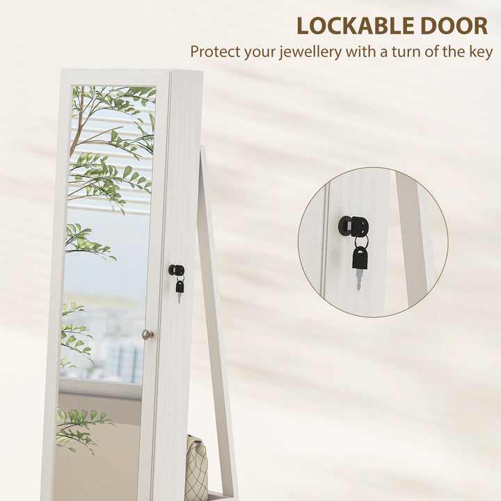 MCL 360° Swivel Jewellery Cabinet, Free Standing Full Length Mirror with Storage, Lockable Jewellery Organiser with Built-in Makeup Mirror and Storage Shelves for Bedroom, White