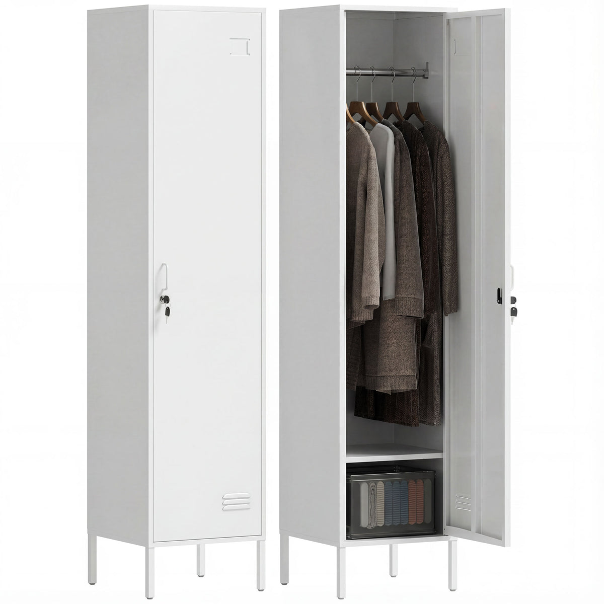 Metal Locker Cabinet with Hanging Rod, Lock and Key, Single Locker