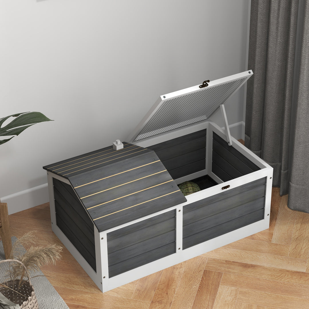 Wooden Tortoise House, Small Pet Reptile Shelter, with Hide Den and Run - Grey