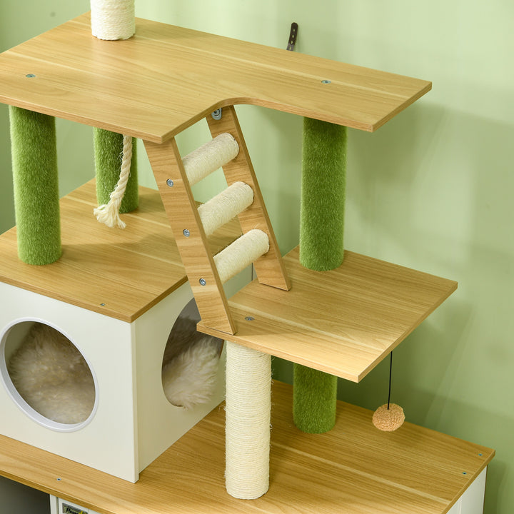 PawHut Cat Tree w/ Hidden Litter Box Enclosure, 2 in 1 Green Leaf Cat Tower Litter Box Furniture w/ House, Ladder, Scratching Posts | Aosom UK