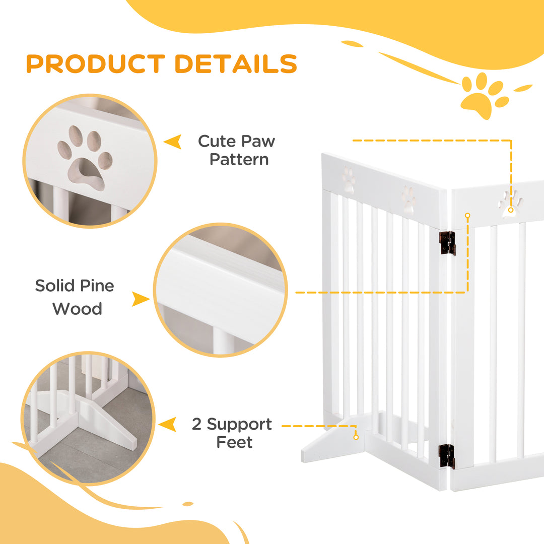 MCL Freestanding Pet Gate 4 Panel Wooden Dog Barrier Folding Safety Fence with Support Feet up to 204cm Long 61cm Tall for Doorway Stairs White