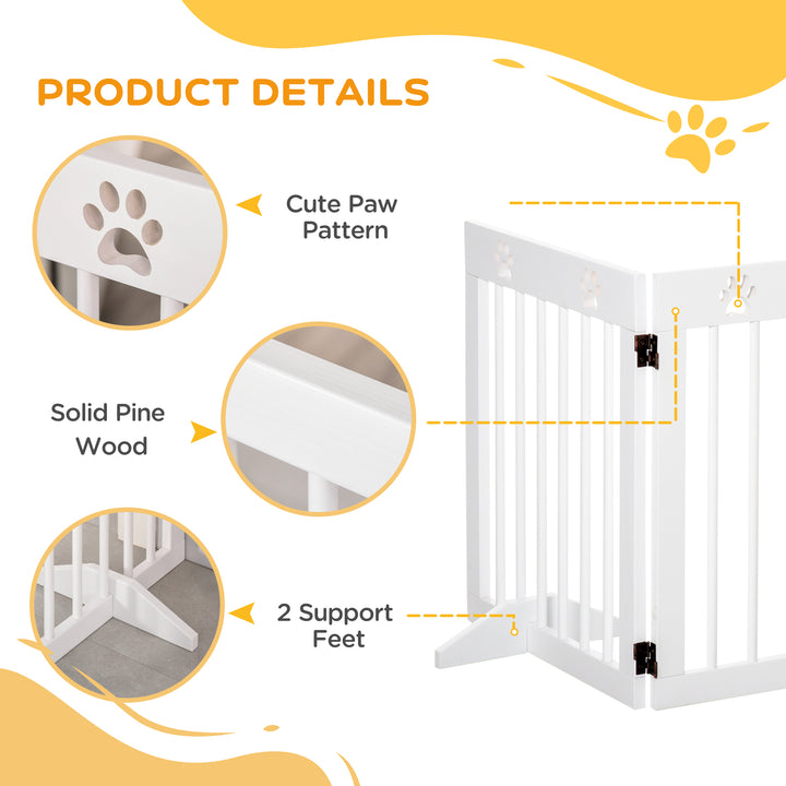 MCL Freestanding Pet Gate 4 Panel Wooden Dog Barrier Folding Safety Fence with Support Feet up to 204cm Long 61cm Tall for Doorway Stairs White