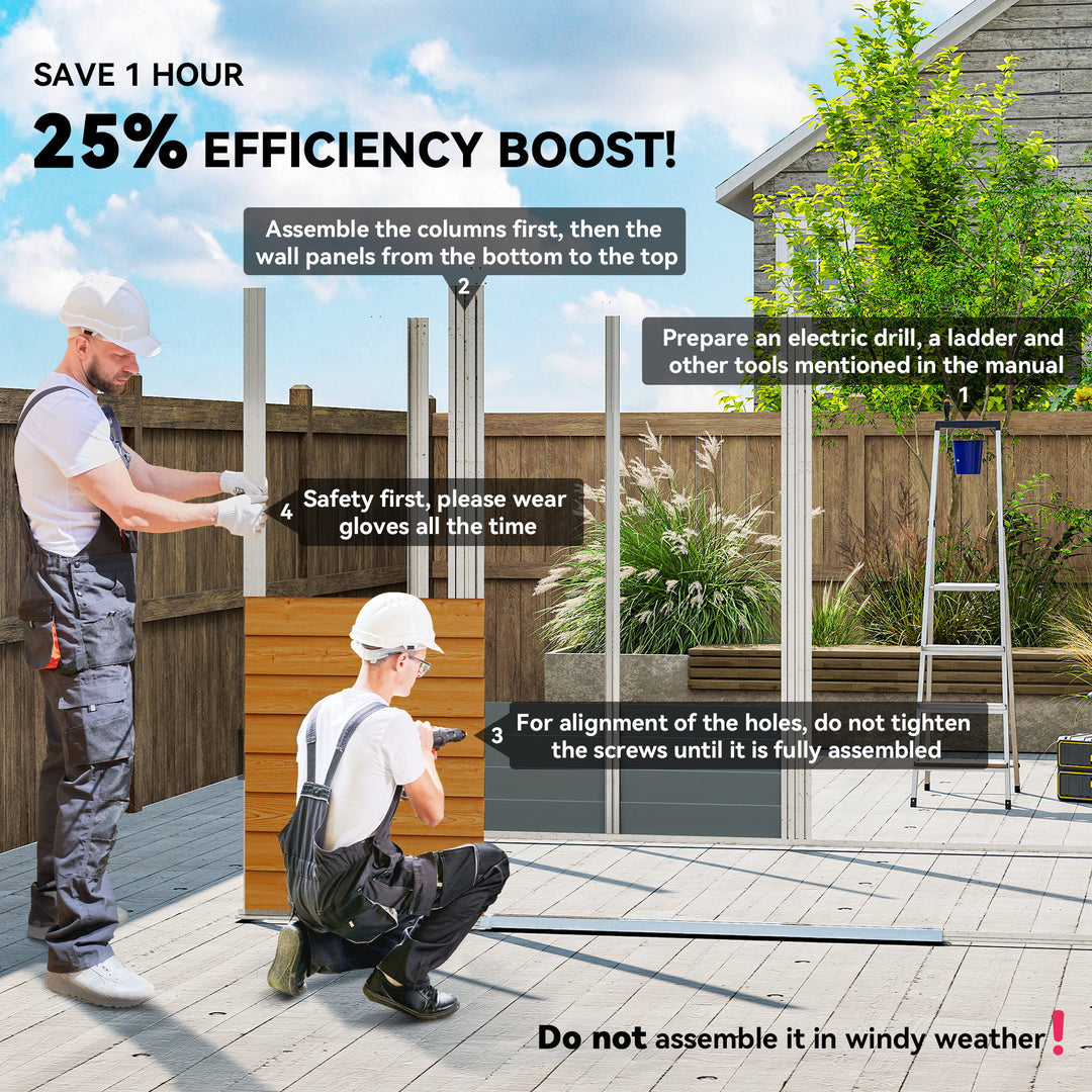 MCL 9 x 6ft Metal Garden Shed, House Hut Gardening Tool Storage with Ventilations, Sliding Door, Sloped Roof for Garden, Patio, Brown