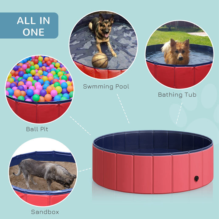 Dog Paddling Pool, Foldable Dog Pool, Leakproof & Hard Plastic, Portable Pet Bathtub with Non-Slip Base & Drainage Hole, for Indoors, Outdoors, Garden, Patio, 100 x 30 cm, Red