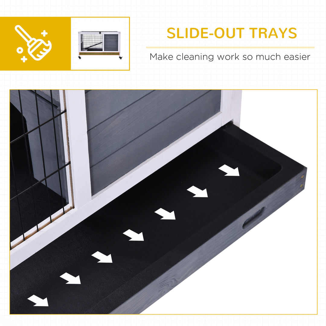 MCL Wooden Guinea Pig Hutch, 2-Floor Bunny Cage w/ Enclosed Run Area, Grey