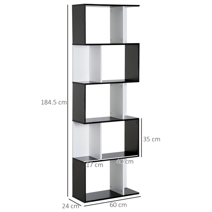 HOMCOM 5-Tier S-Shaped Black Bookcase, Stylish Storage & Display Shelving, Room Divider | Aosom UK