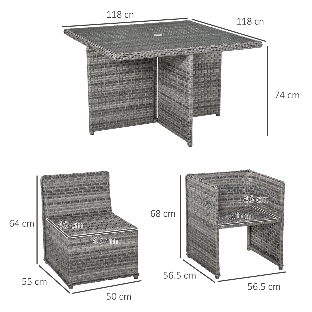 8 Seater Rattan Cube Garden Furniture Set with Parasol Hole, Rattan Dining Set with Cushions, Outdoor Dining Table and Chairs with Square Glass Top Table for Patio, Balcony, Mixed Grey