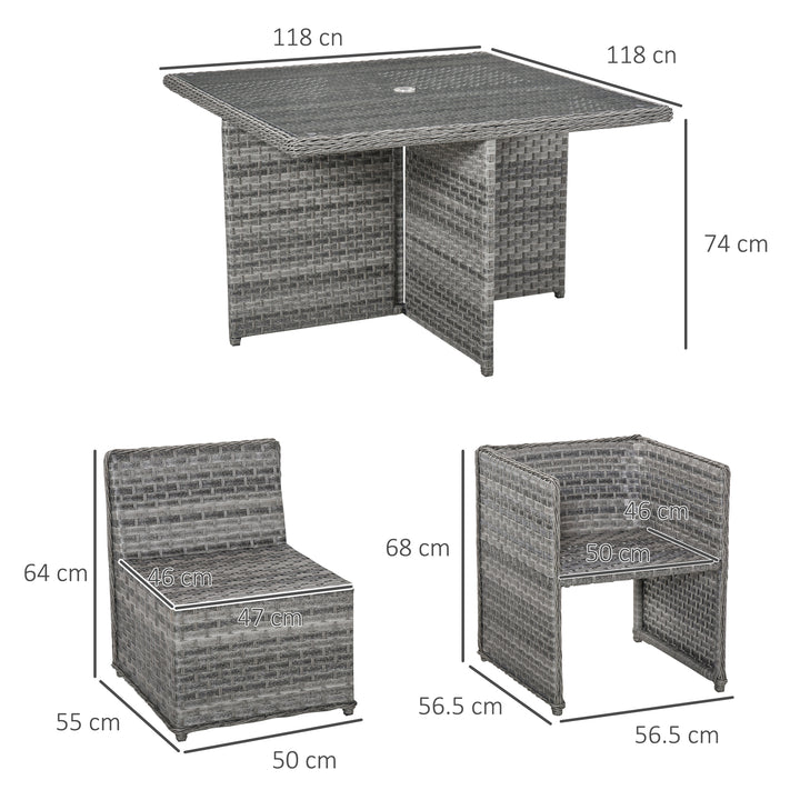8 Seater Rattan Cube Garden Furniture Set with Parasol Hole, Rattan Dining Set with Cushions, Outdoor Dining Table and Chairs with Square Glass Top Table for Patio, Balcony, Mixed Grey
