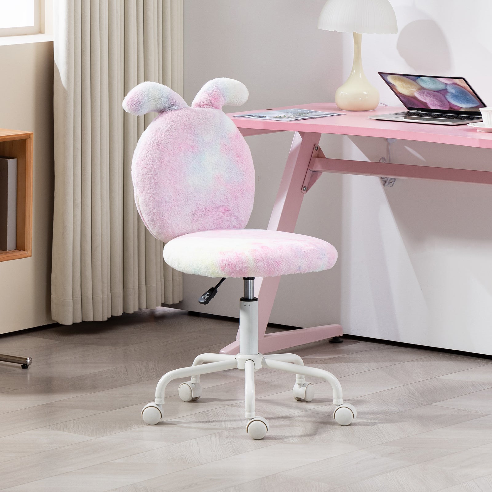 Fuzzy Office Chair with Bunny Ears, Faux Fur Swivel Desk Chair, Armless Makeup Vanity Chair with Adjustable Height for Bedroom, Study Room, Colourful