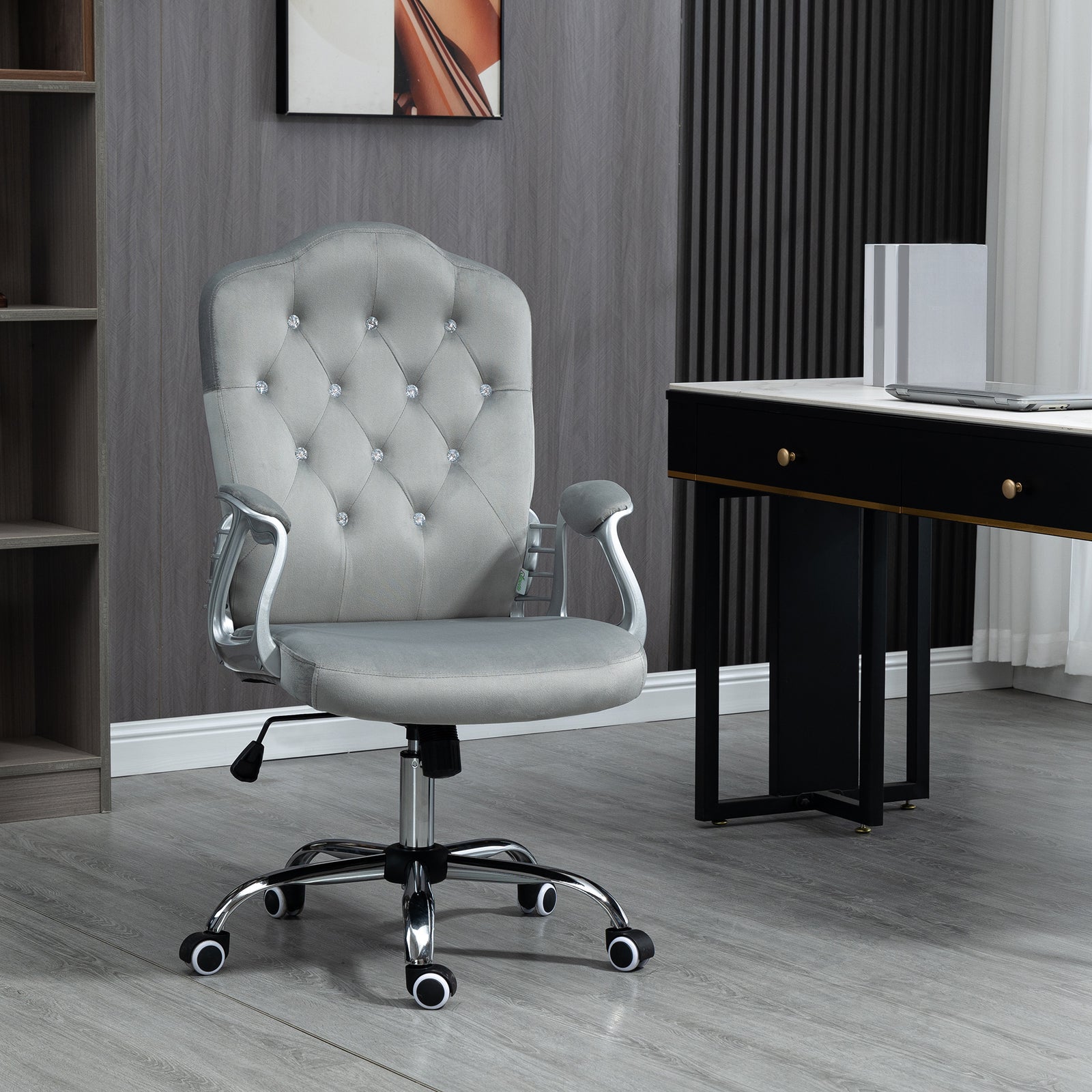 Velvet-Feel Work Chair, with Diamante Back - Grey