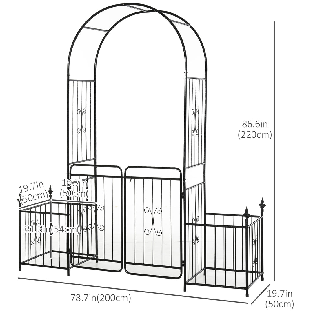 Metal Garden Arbor Arch with Double Doors, 2 Side Planter Baskets, Climbing Vine Frame, Black