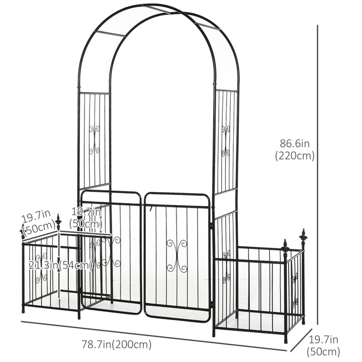 Metal Garden Arbor Arch with Double Doors, 2 Side Planter Baskets, Climbing Vine Frame, Black