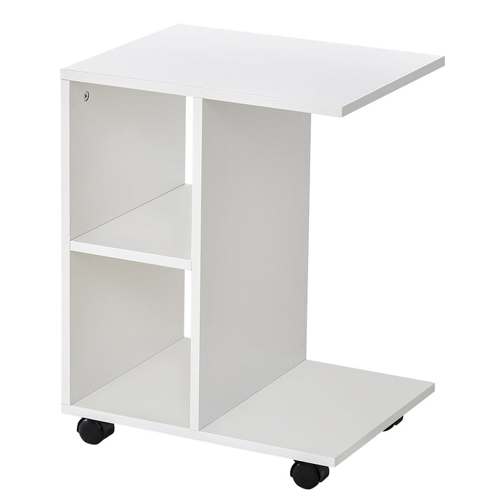 HOMCOM C-Shape End Table Unique Storage Unit w/ 2 Shelves 4 Wheels Freestanding Home Office Furniture Cabinet Square Studio White