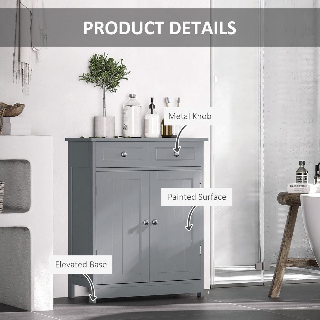 75x60cm Freestanding Bathroom Storage Cabinet Unit w/ 2 Drawers Cupboard Adjustable Shelf Metal Handles Traditional Style Grey