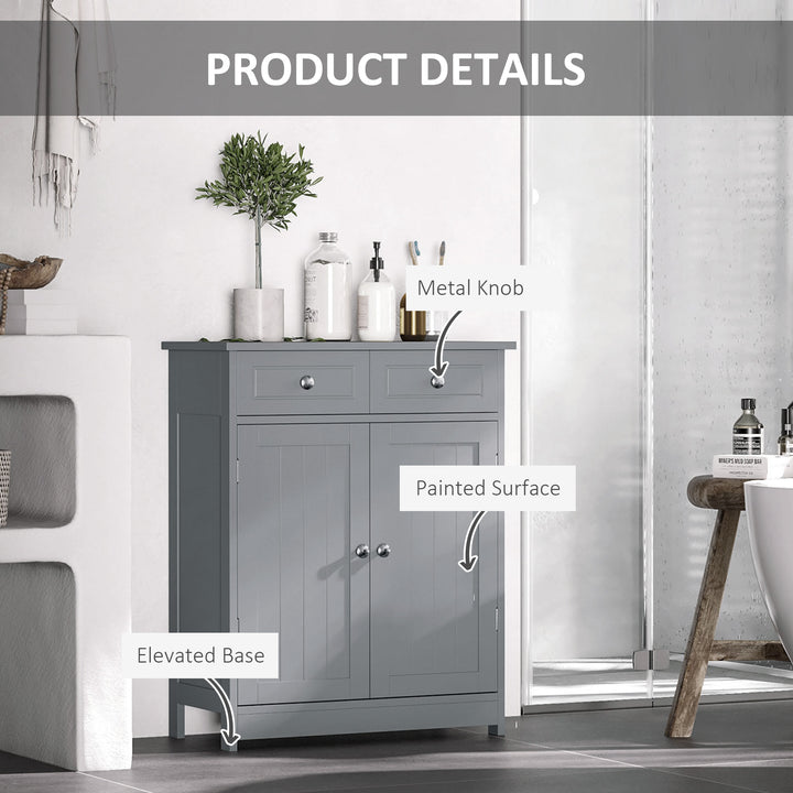75x60cm Freestanding Bathroom Storage Cabinet Unit w/ 2 Drawers Cupboard Adjustable Shelf Metal Handles Traditional Style Grey