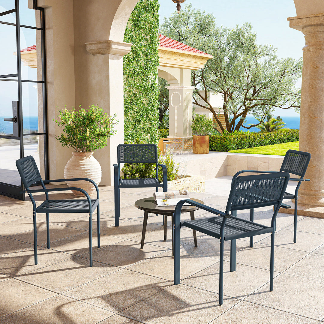 Garden Chairs Set of 4, Stackable Rattan Effect Dining Chairs with Armrest, Weather Resistant and Lightweight Outdoor Furniture Armchairs for Patio, Balcony, Terrace, Dark Grey