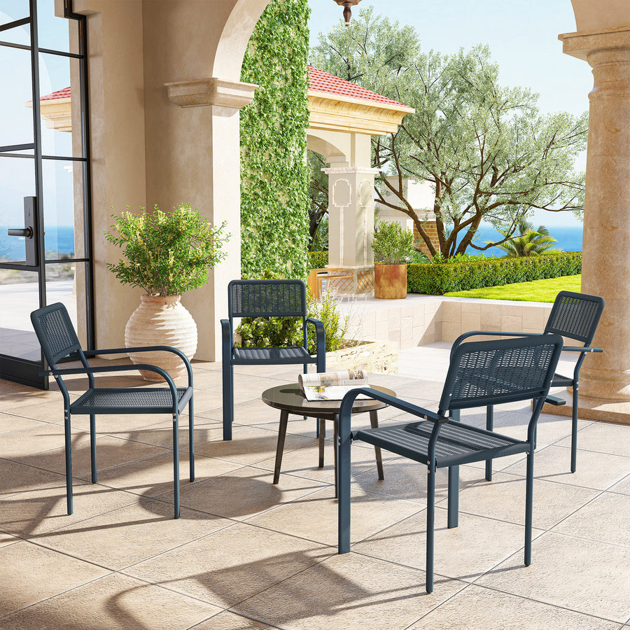 Garden Chairs Set of 4, Stackable Rattan Effect Dining Chairs with Armrest, Weather Resistant and Lightweight Outdoor Furniture Armchairs for Patio, Balcony, Terrace, Dark Grey