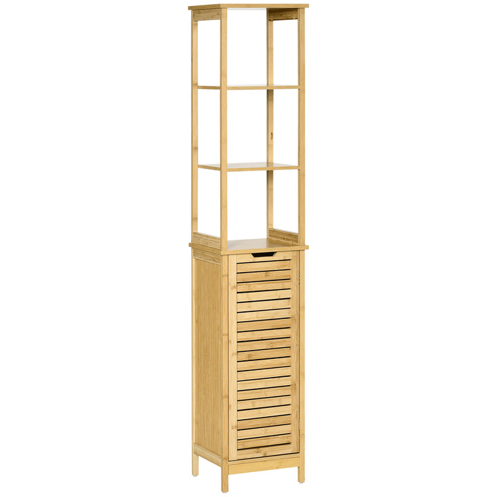 kleankin Bathroom Floor Cabinet with 3 Shelves and Cupboard, Slim and Freestanding Organiser, Tallboy with Storage, Natural | Aosom UK