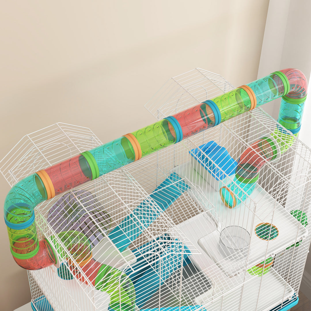 4 Tier Hamster Cage w/ Tubes, Exercise Wheel, Hut, Water Bottle, Food Dish, Ramps, for Dwarf Hamster, Light Blue